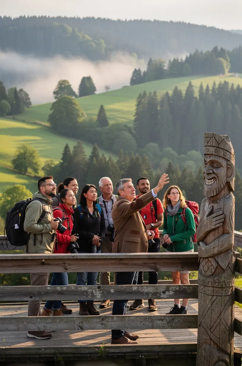 Besucher erkunden ein Museum mit Exponaten zur regionalen Geschichte und traditioneller Handwerkskunst